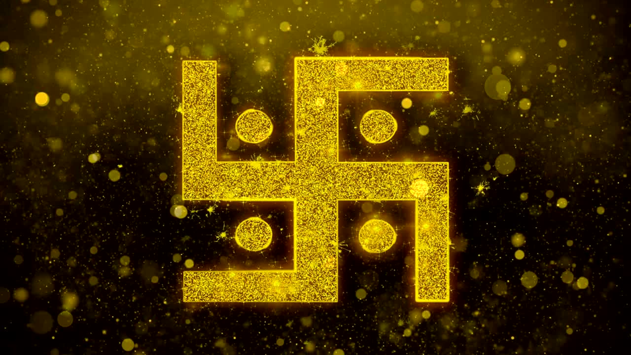 el icono de la esvástica hindú brilla con partículas de brillo dorado.