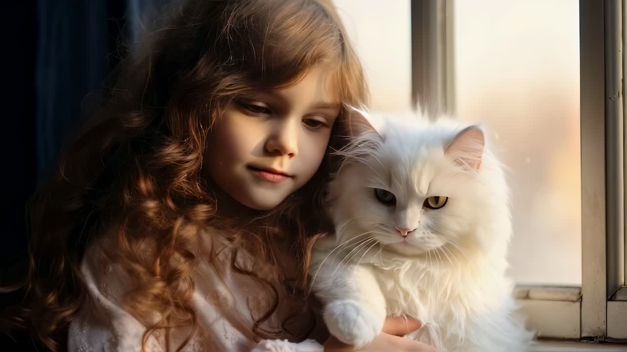 Young girl with long, curly brown hair gently holds her fluffy white cat close, creating a heartwarming scene of love and companionship by a softly lit window