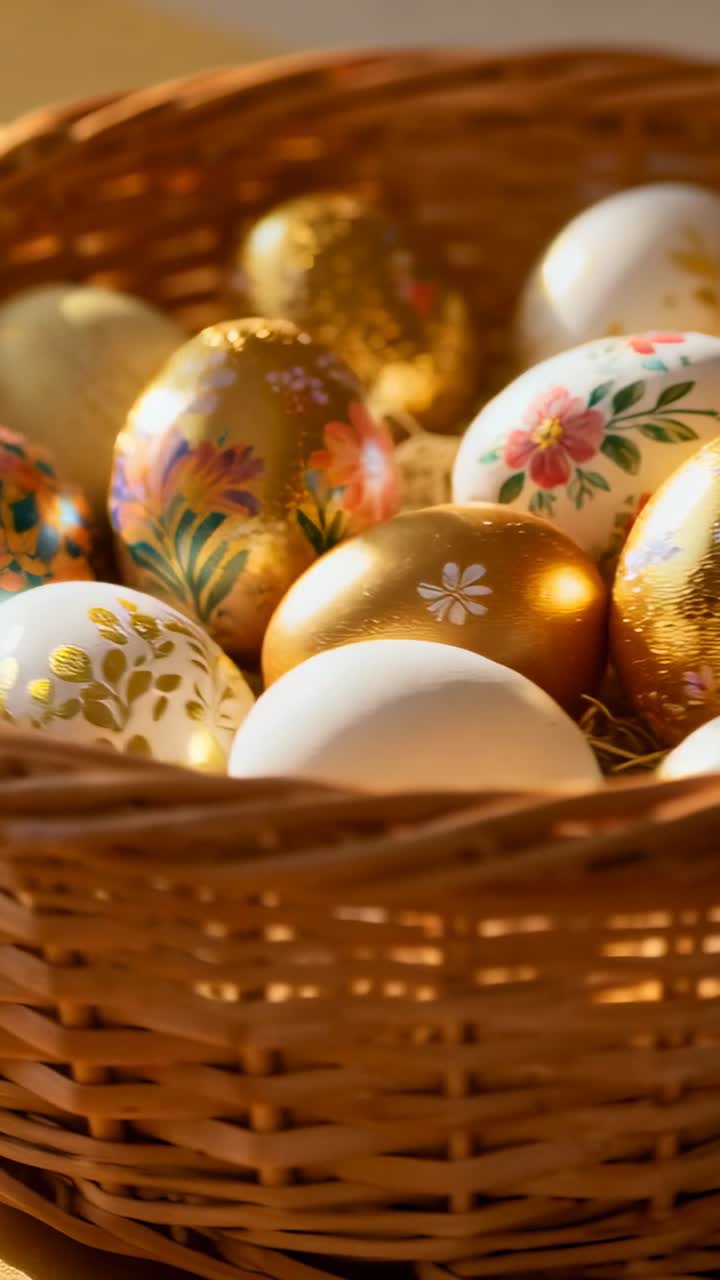 Vertical video: Camera panning across wicker basket, revealing floral painted eggs and gold sheen