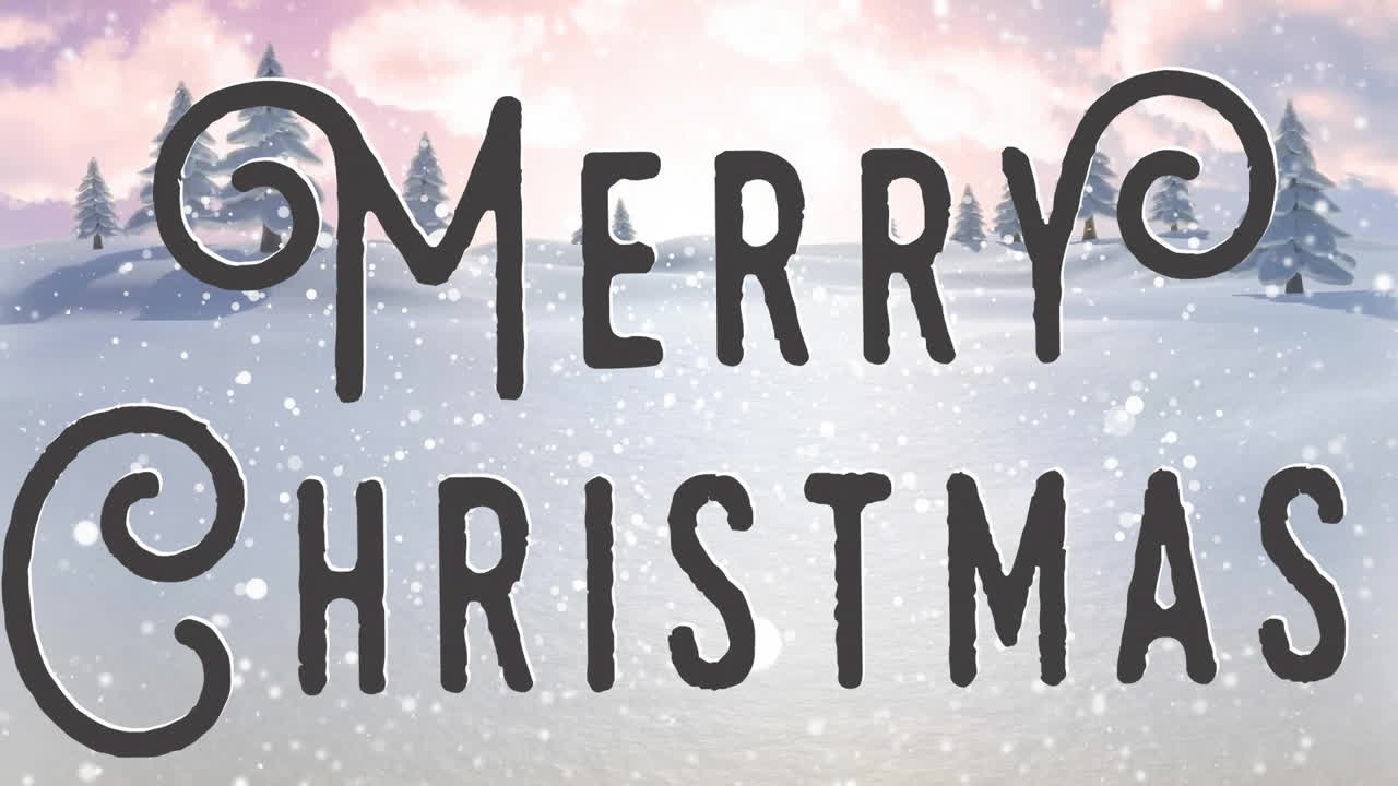 Animation of merry christmas text and snow falling over winter scenery