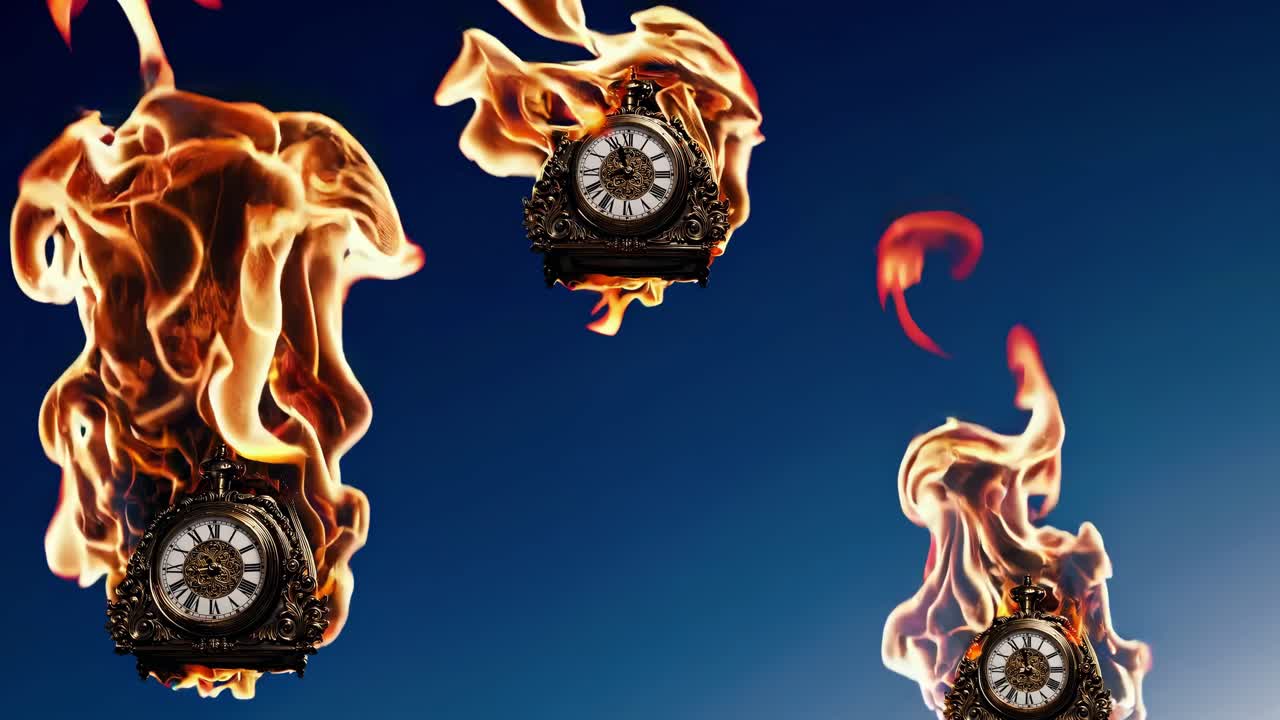 relojes antiguos que arden intensamente, llamas doradas que consumen mecanismos intrincados contra un fondo azul profundo, que representan la naturaleza efímera de la existencia temporal.