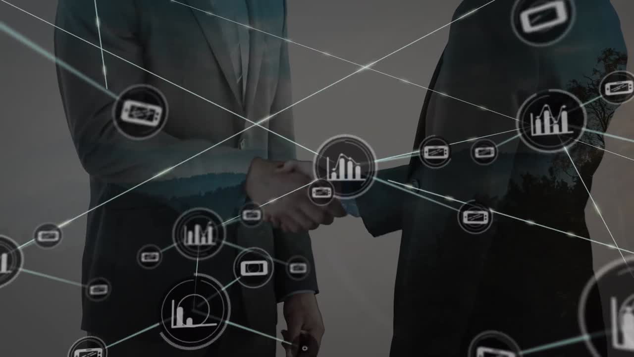 animación de la red de conexiones con iconos sobre la sección media de los empresarios que se dan la mano