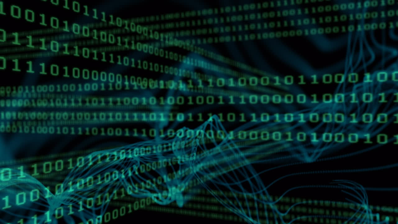 Animation of data processing over light trails on black background
