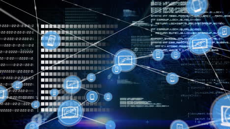 animation of network of connections with icons over data processing on black background