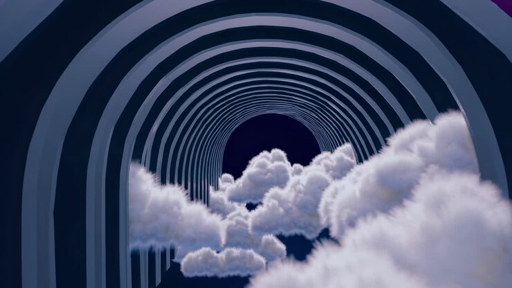 Tunnel futuristico astratto con nuvole fluttuanti