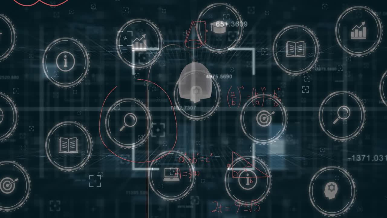 animación de iconos comerciales y procesamiento de datos sobre lámpara sobre fondo negro