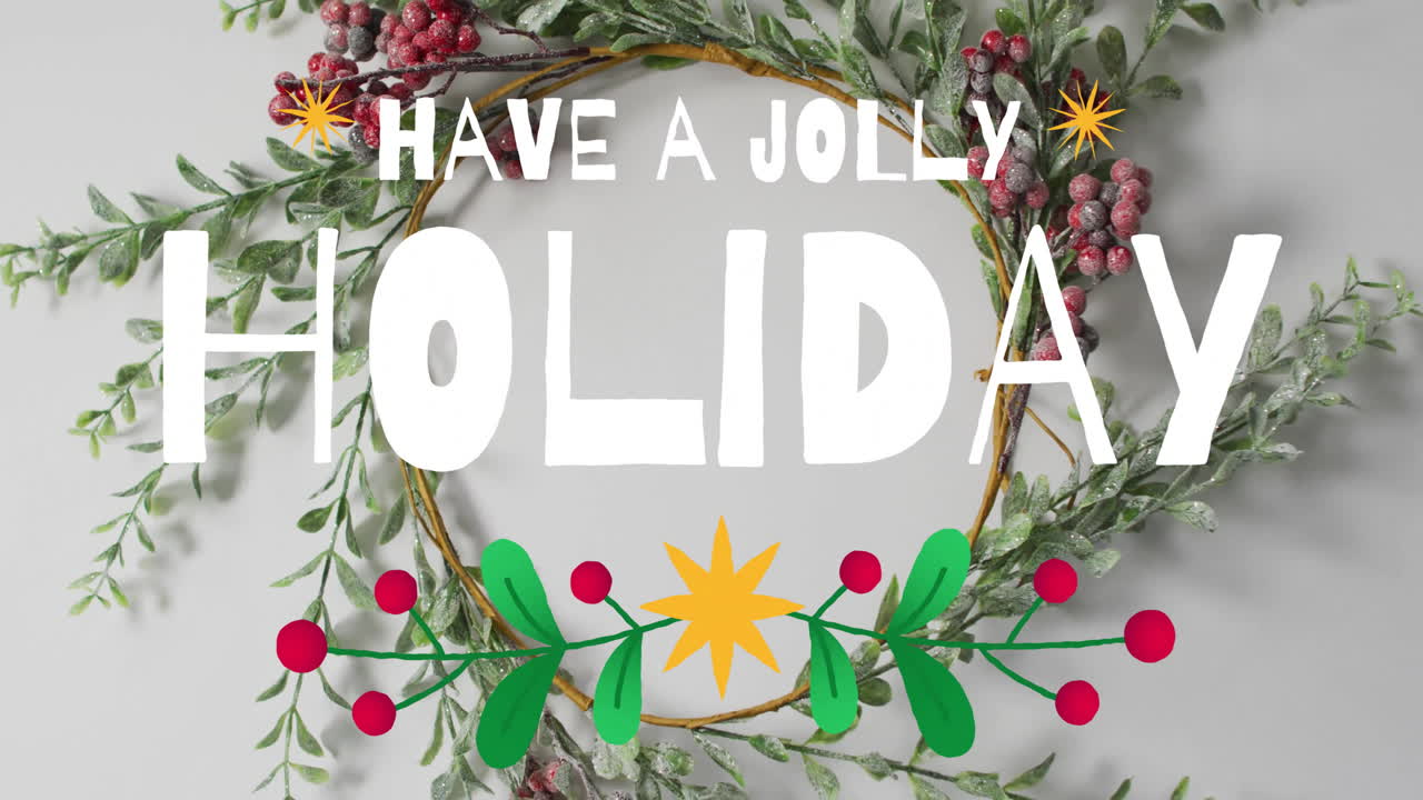 Animation of have a jolly holiday text over christmas decoration on white background