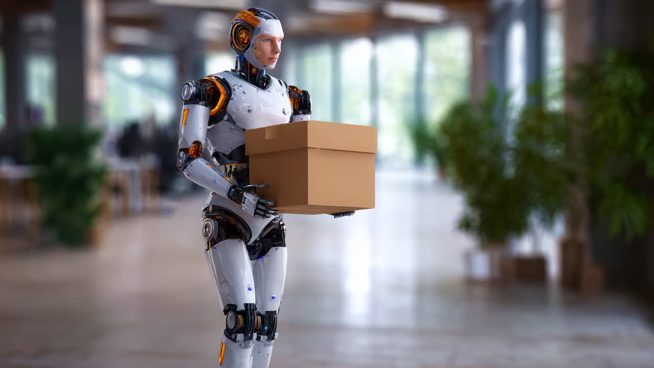 Un robot umanoide che trasporta una scatola di cartone in un moderno ambiente d'ufficio, che mostra i progressi della robotica e della tecnologia di automazione per la logistica