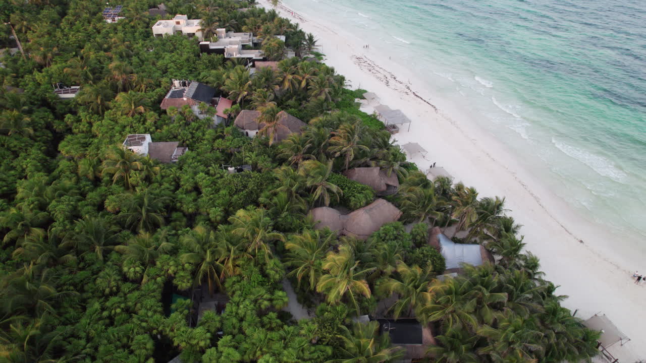 orbita aérea de arriba hacia abajo toma de cabañas y chozas rodeadas de palmeras en una playa de arena blanca con aguas azules cristalinas en tulum, méxico