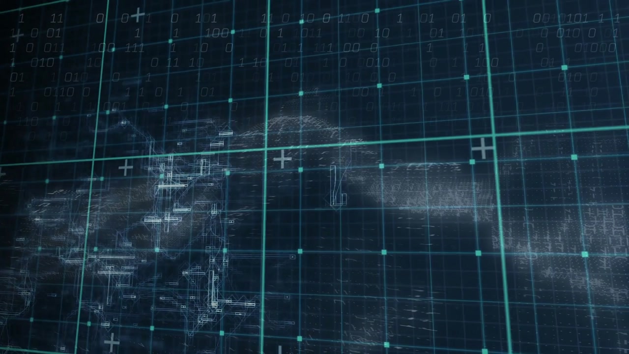 On start turquoise grid matrix interface pulsing nodes, streaming binary digits, sweeping data flow