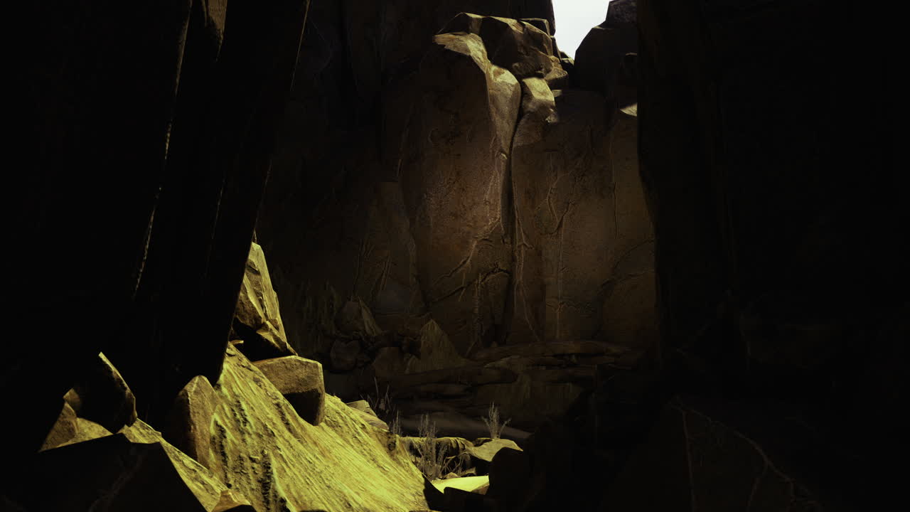 Mysterious rock formations illuminated by soft light in a hidden canyon