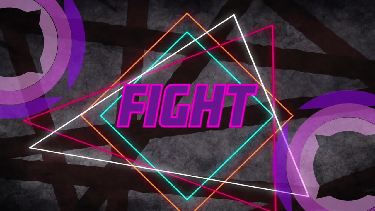 animación de texto de lucha sobre triángulos, rombos y círculos contra un fondo abstracto