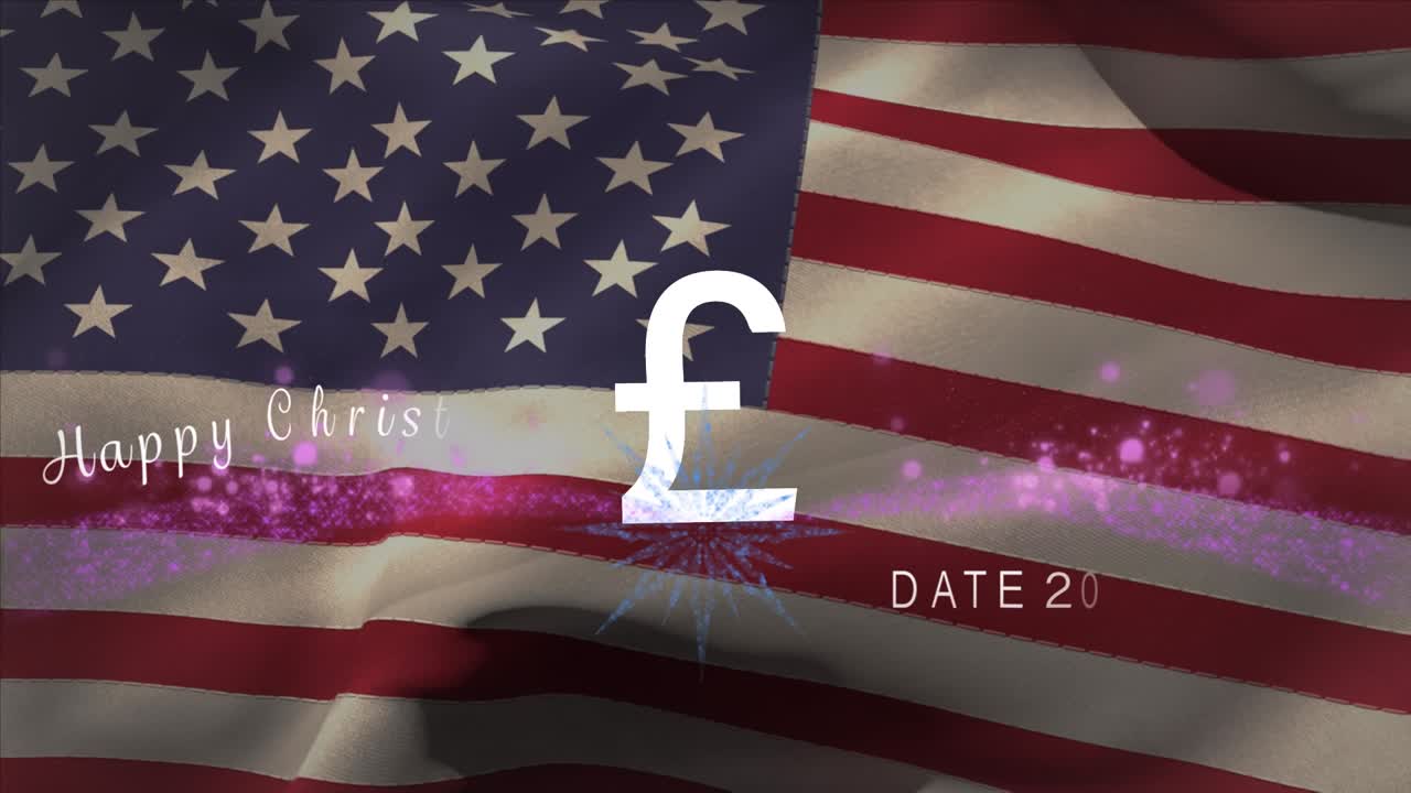 Animation of happy christmas and pound over flag of united states of america