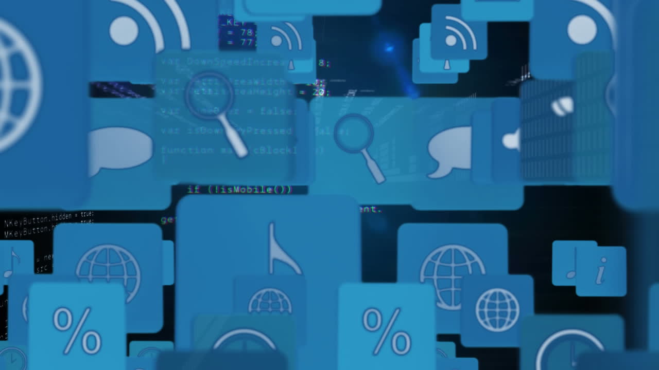 Animation of internet icons and symbols with interface codes for social media