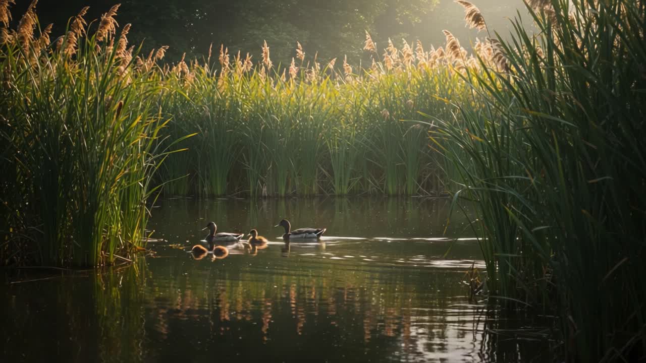 A Serene Moment Captured: A Family of Ducks Gliding Gently Through Lush Reeds in Tranquil Waters at Dusk, Bathed in Golden Light