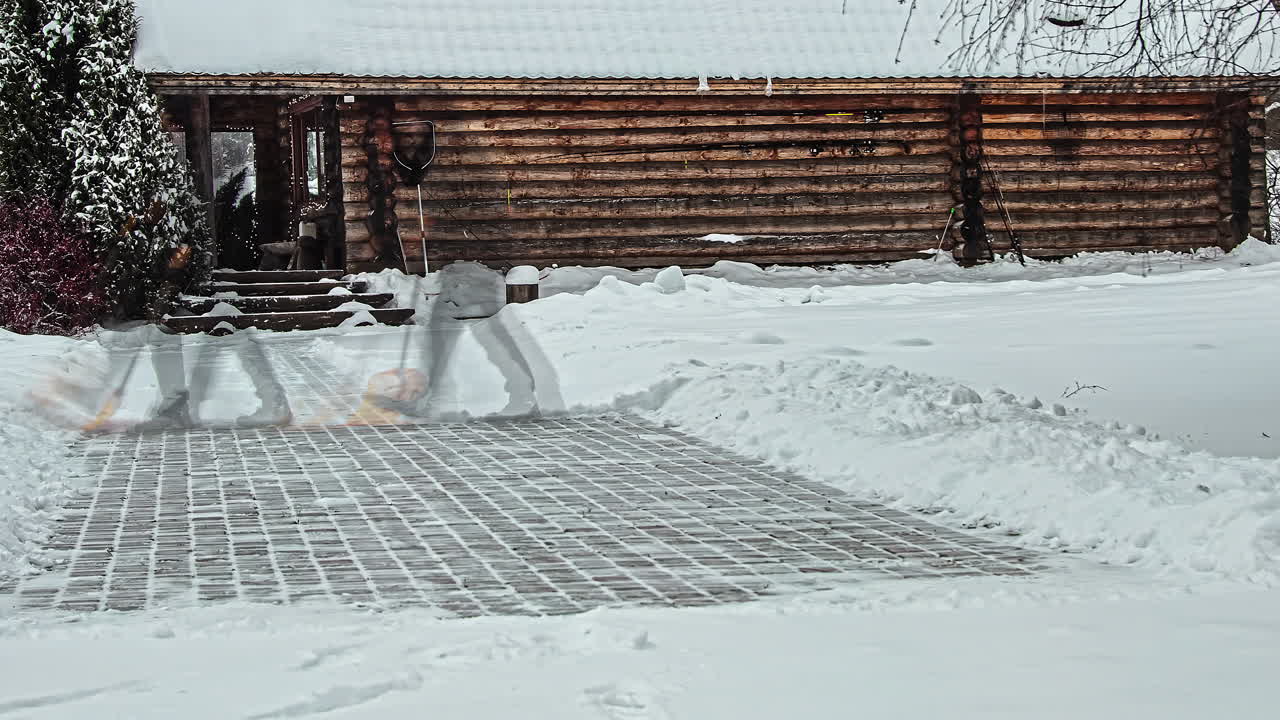 추운 겨울날 폭설이 내린 후 나무 오두막 앞을 따라 시간 경과에 따라 삽으로 눈을 치우는 남자의 사진