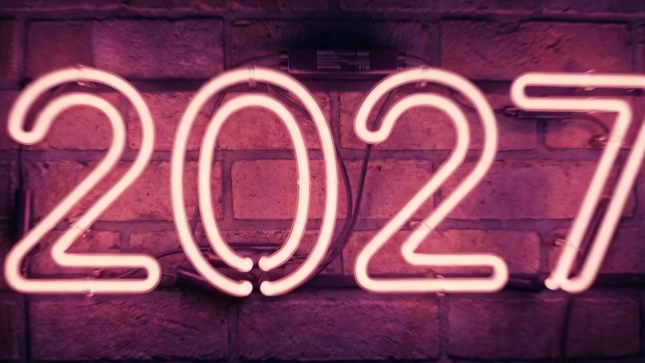 Motion graphic con numero decorativo 2027 e design motion graphic di tipografia neon rosa