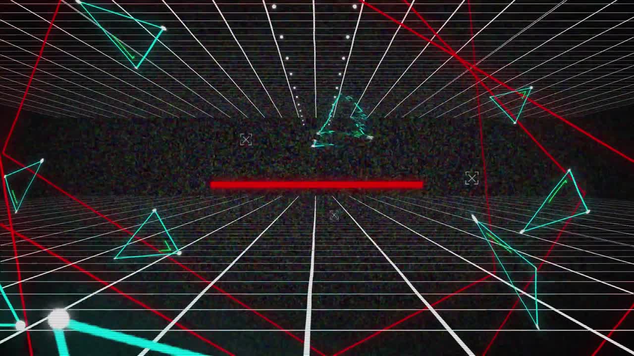 움직이는 격자에 파란색 삼각형과 빨간색 선을 가진 그래픽에 의해 서