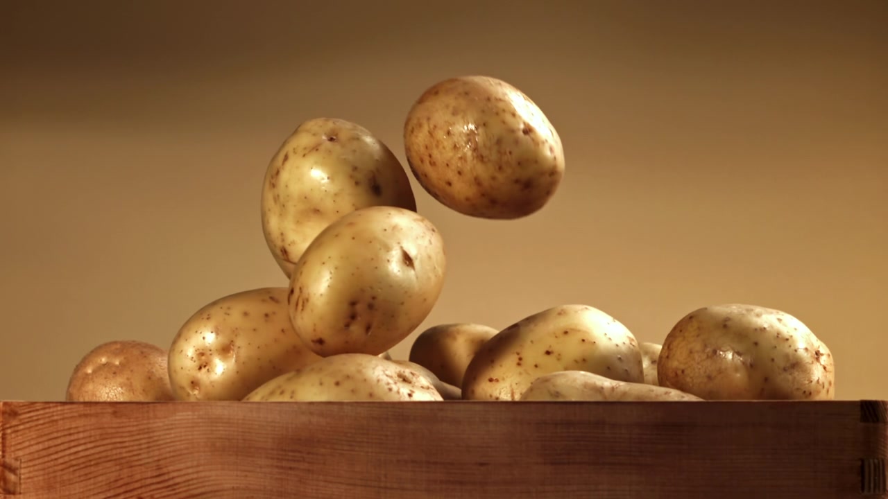 Patate crude che cadono in una cassa di legno rustica