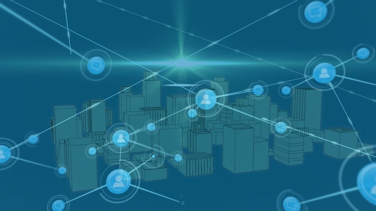 Animation of network of connections with icons over 3d cityscape on blue background
