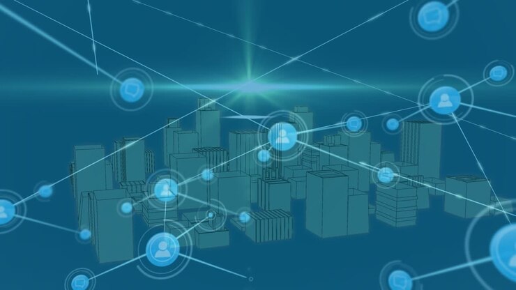 Animation of network of connections with icons over 3d cityscape on blue background