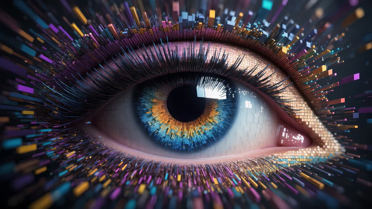 Vibrant cybernetic eye with shimmering mosaic iris, glowing neon lashes, and dynamic digital shards radiating futuristic energy and artificial intelligence