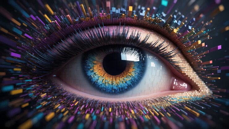 Vibrant cybernetic eye with shimmering mosaic iris, glowing neon lashes, and dynamic digital shards radiating futuristic energy and artificial intelligence