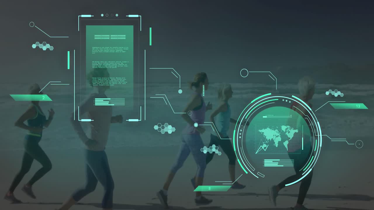 animación del procesamiento de datos sobre diversas mujeres que corren.