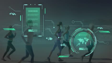 animación del procesamiento de datos sobre diversas mujeres que corren.