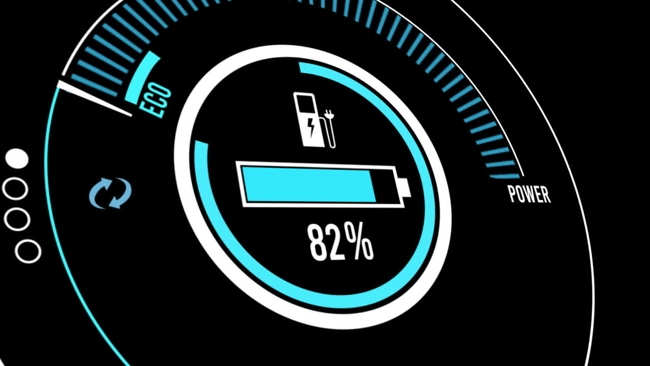 Electric Car Dashboard Display. Electric Car Charging Indicating The Progress Of The Charging, Electric Vehicle Battery Indicator Showing An Increasing Battery Charge