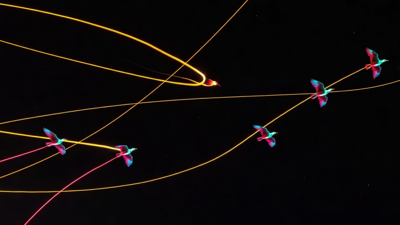 A Dynamic Dance of Colorful Birds in Motion Captured in Vibrant Trails Against a Dark Background, Showcasing Their Elegant Flight Patterns and Graceful Movements