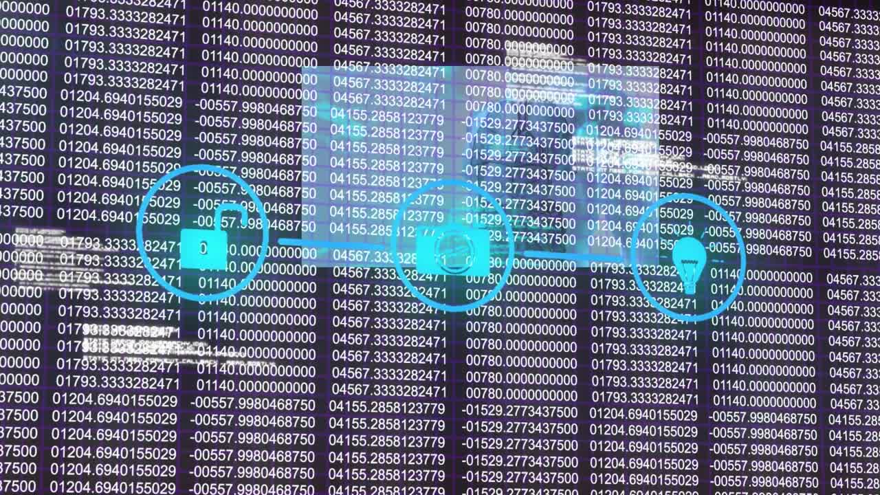 Purple light trails over computer code technology and binary coding data processing