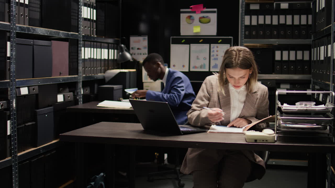 People working in an office with shelves full of binders