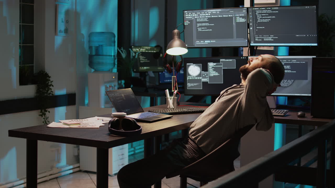 Programmer working on computer code in office