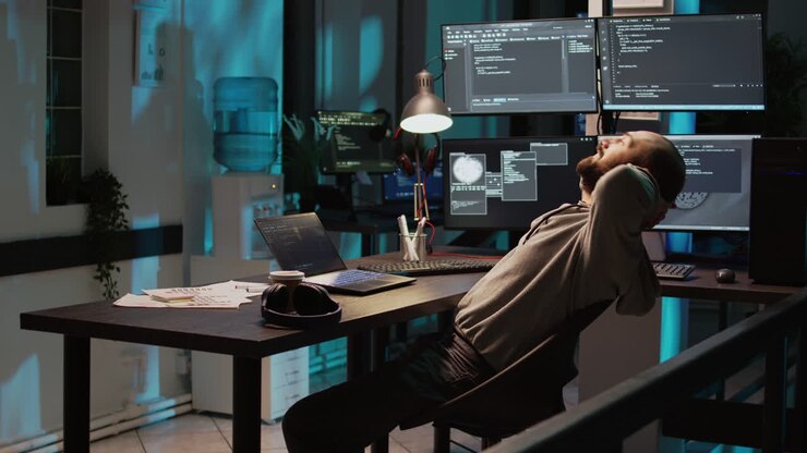 Programmer working on computer code in office