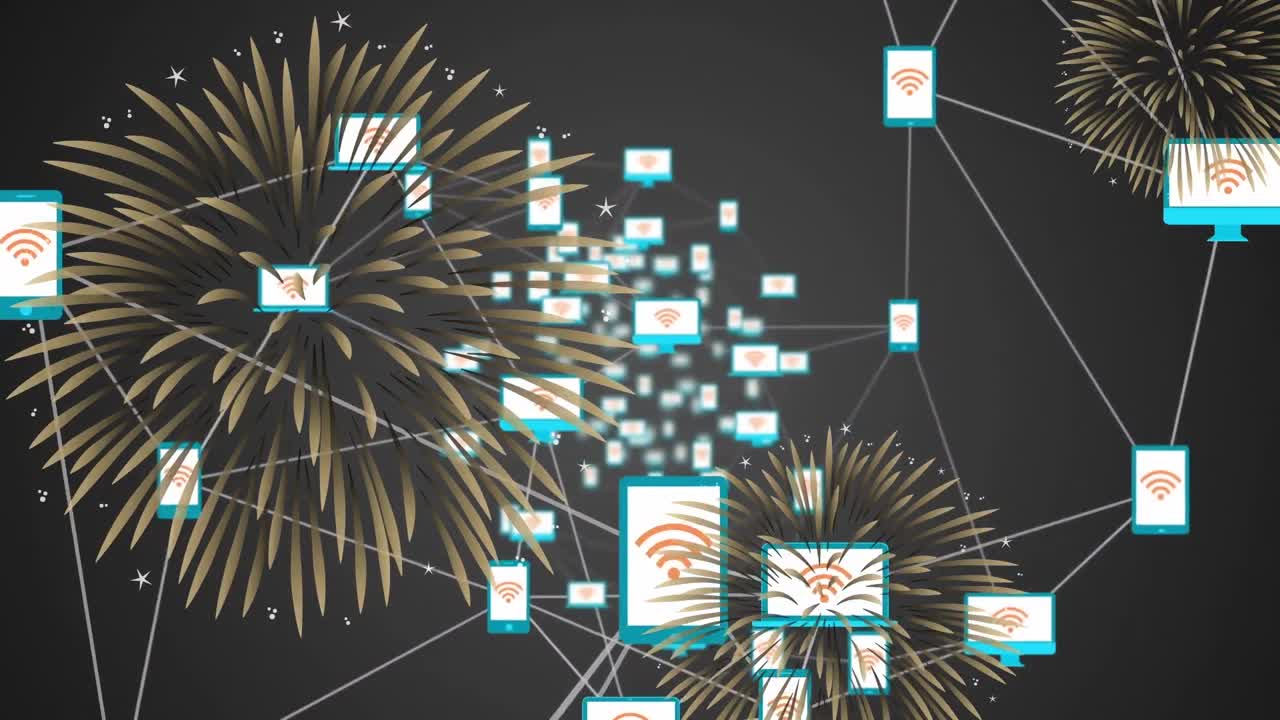 Animation of network of digital icons over fireworks bursting against grey background