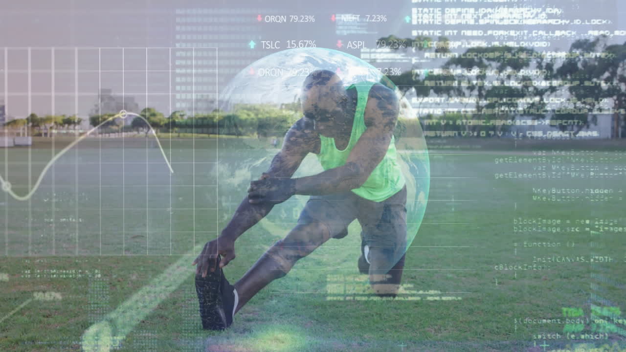 Athlete stretching on field with data processing animation over globe