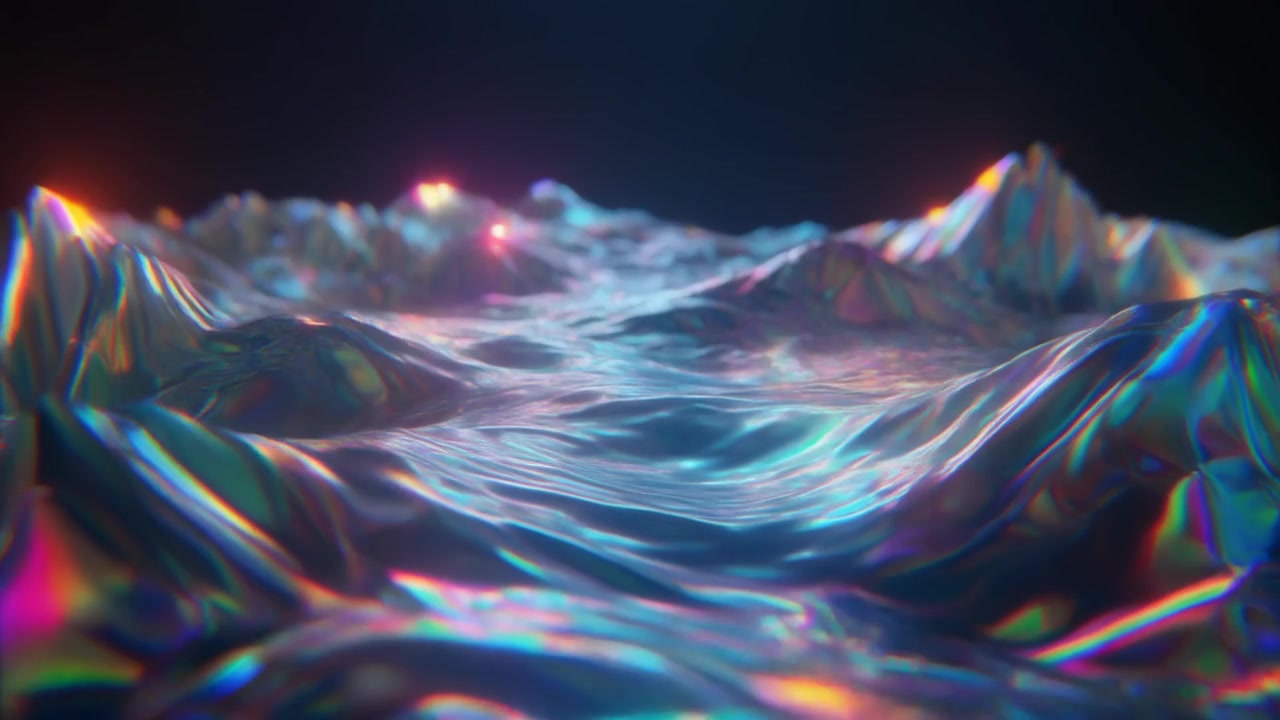Superficie liquida iridescente astratta con picchi luminosi