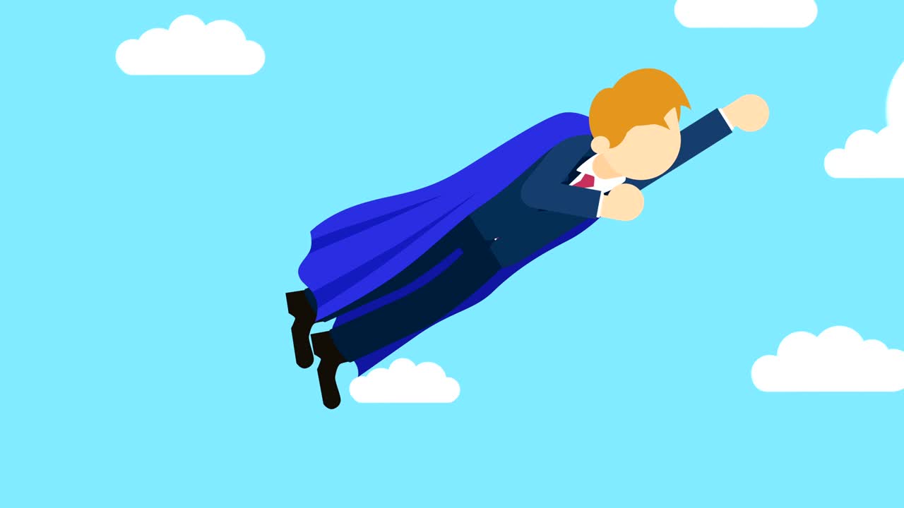 super héroe hombre de negocios volando en traje y capa roja. liderazgo y concepto de logro. ilustración de bucle en estilo plano.