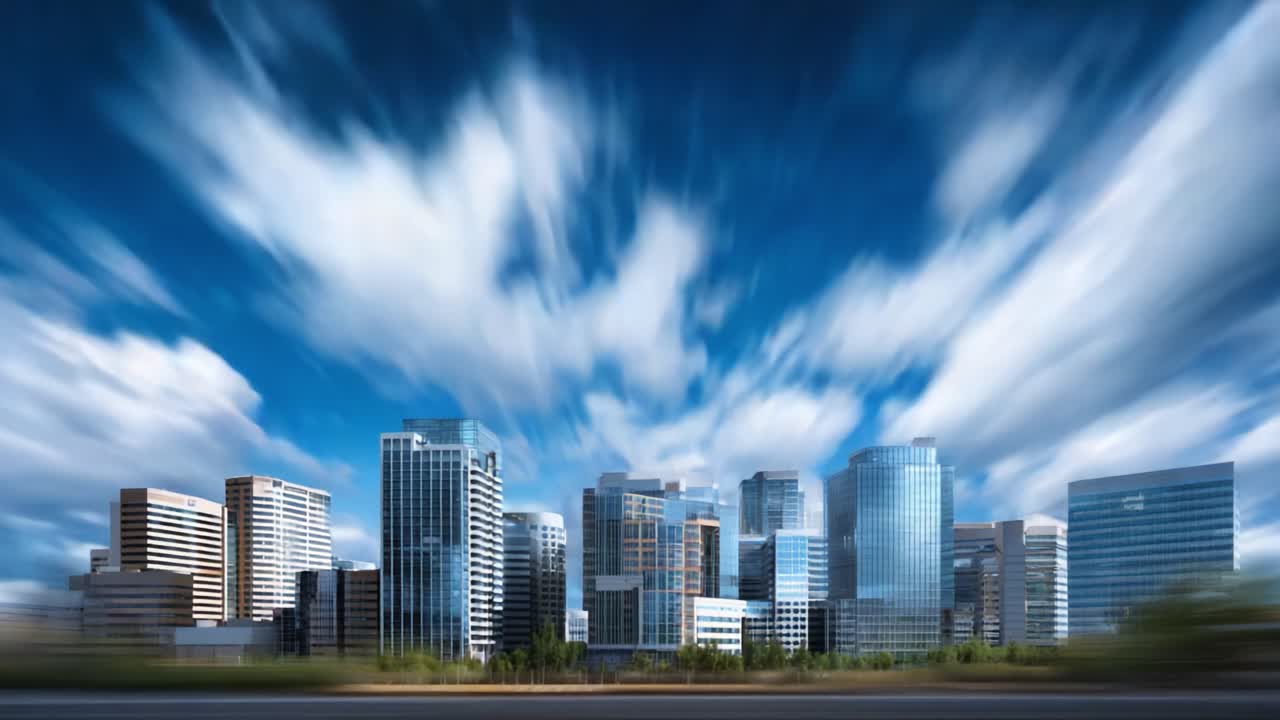 Paesaggio urbano dinamico con grattacieli moderni e movimento drammatico delle nuvole catturato in due fotogrammi che mostrano l'architettura urbana e l'atmosfera vivace