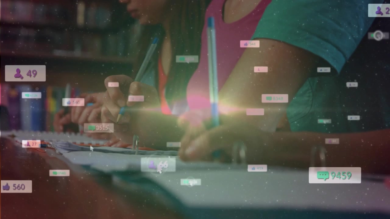 Education-focused classmates writing notes at library desk, icons appearing and counters increasing