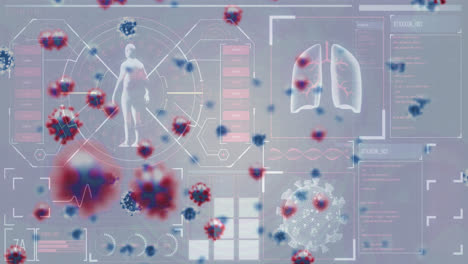 animation of virus cells and data processing on blue background