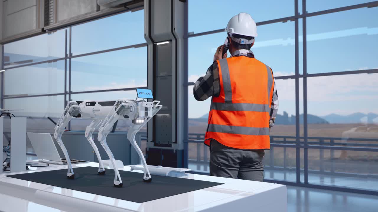 vista trasera completa del cuerpo de un ingeniero masculino asiático con casco de seguridad hablando en teléfono inteligente mientras está de pie en una fábrica de alta tecnología, analizando el concepto de máquina robótica