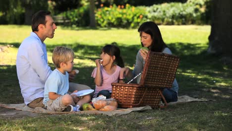 Eltern-Genießen-Ein-Picknick-Mit-Kindern-Auf-Einer-Tischdecke