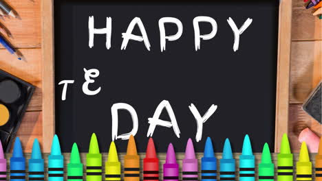 animation of happy day over blackboard and crayons