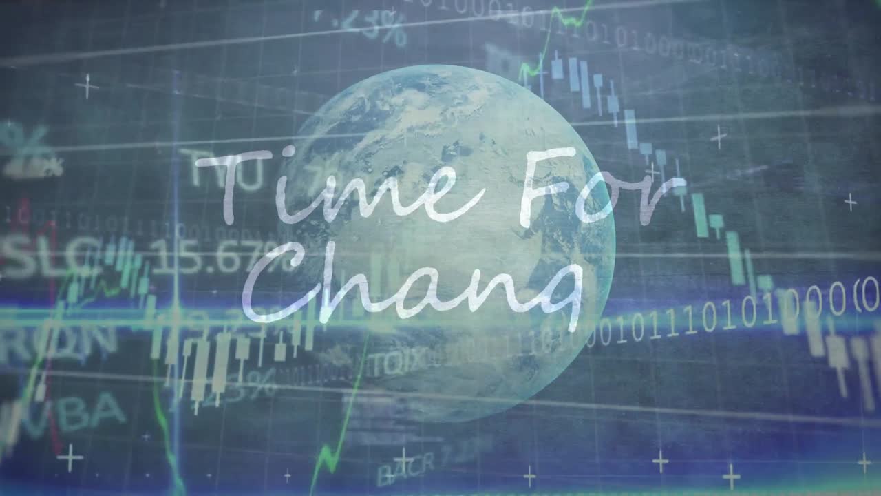 Animation of time for change text over stock market data processing and globe on grey background