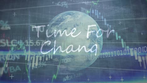 Animation-of-time-for-change-text-over-stock-market-data-processing-and-globe-on-grey-background