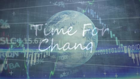 animation of time for change text over stock market data processing and globe on grey background