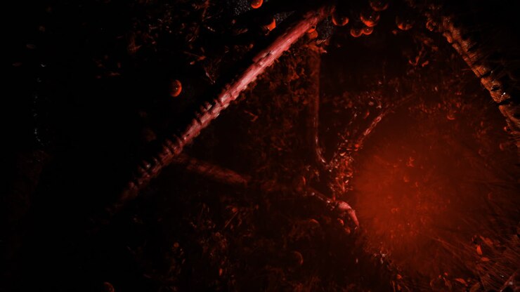 Mysterious red light illuminating dark foliage in a dense forest