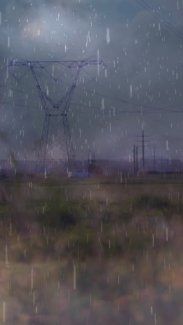 animación de lluvia fuerte, tormenta con rayos y nubes grises sobre torres eléctricas
